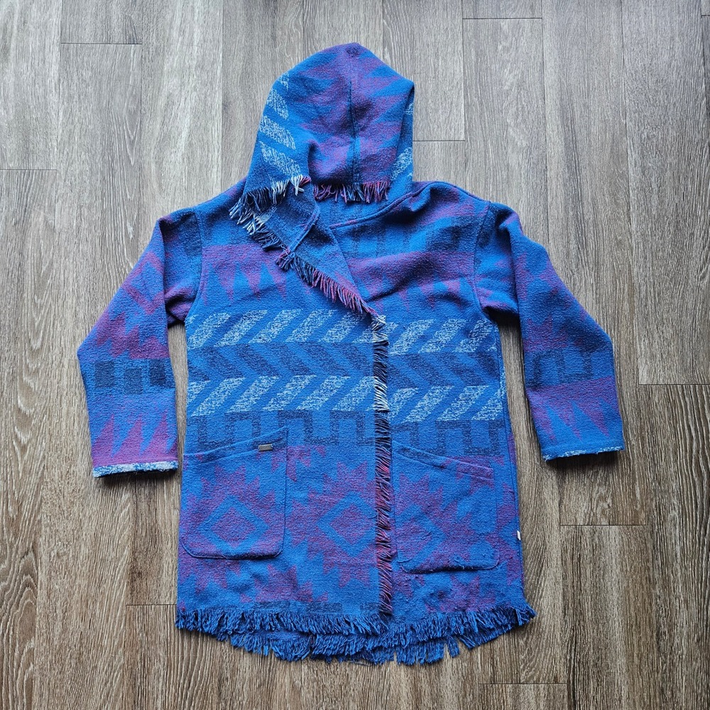 Roxy Women's Blue Southwestern Fringe Hooded Open Front Wool Blend Cardigan Sz M